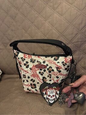 Ed Hardy White Leopard Print Shoulder Bag with Red Script and Black Handle